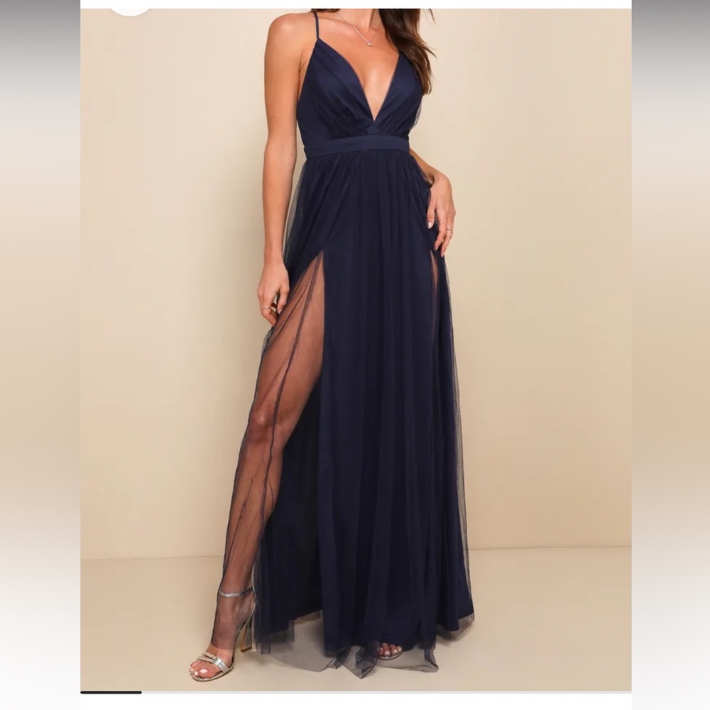 Lulu’s Rare Beauty Navy Blue Tulle Backless Maxi Dress size XL
